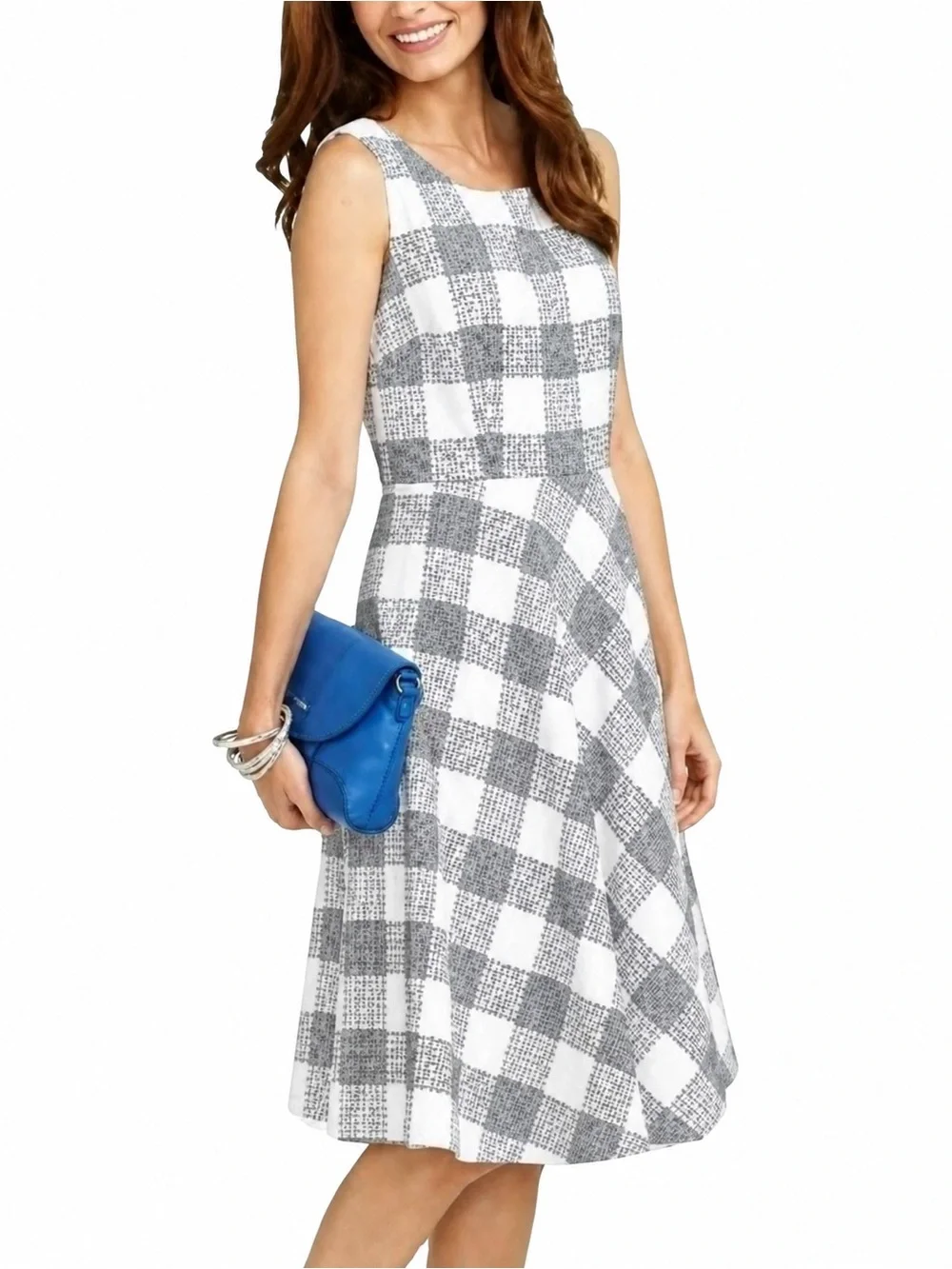 Talbots Sleeveless Gray & White Gingham Fit-and-Flare Dress 4